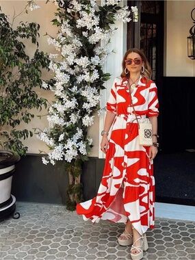 Zara Abstract Print Belted Midi Shirt-Dress size S